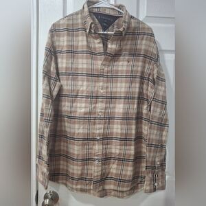 Tommy Hilfiger Men's Beige and Brown Plaid Shirt